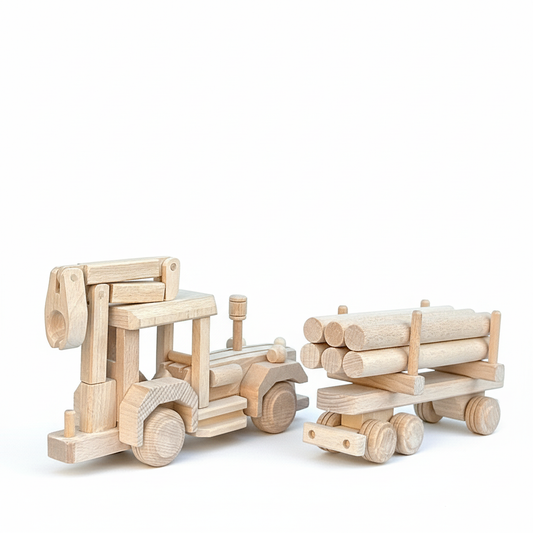 Houten bostractor met boomstammen